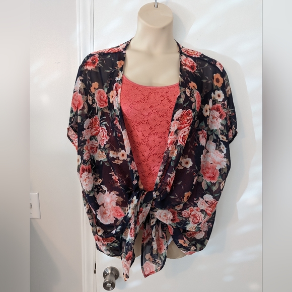 Women's Floral Print Puff Sleeve Kimono Chiffon Loose Cover Up - Size Small - Picture 4 of 12